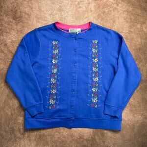 Shenanigans Vintage Floral Embroidered Cardigan Sweater Blue Button Up Womens L